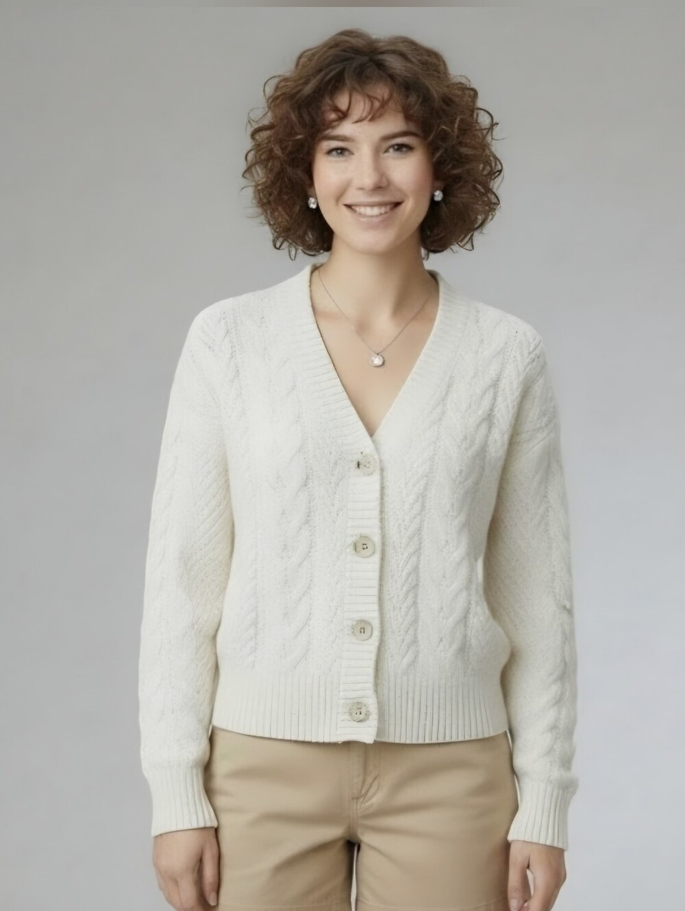 American Eagle Size L Outfitters Cream Cable Knit V-Neck Button Cardigan
